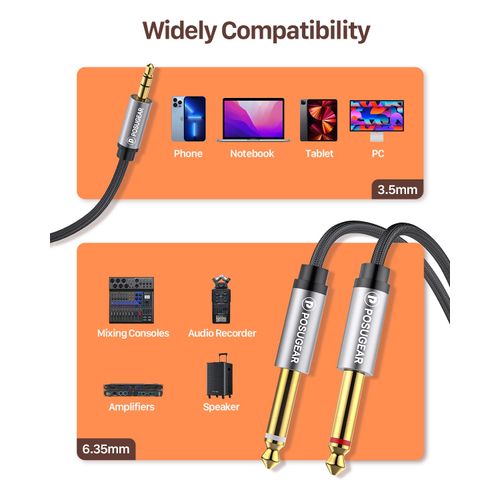 POSUGEAR 3.5 mm Jack to Dual 6.35 mm Mono Y Audio Cable 1 m, Nylon Braided 6.35 mm Jack Plug to 3.5 mm Jack Audio Splitter Cable Digital Interface Instrument Cable (Grey)