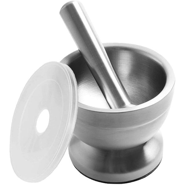 Mortar And Pestle Set Stainless Steel Spice Herb Grinder Molcajete With Lid NEW