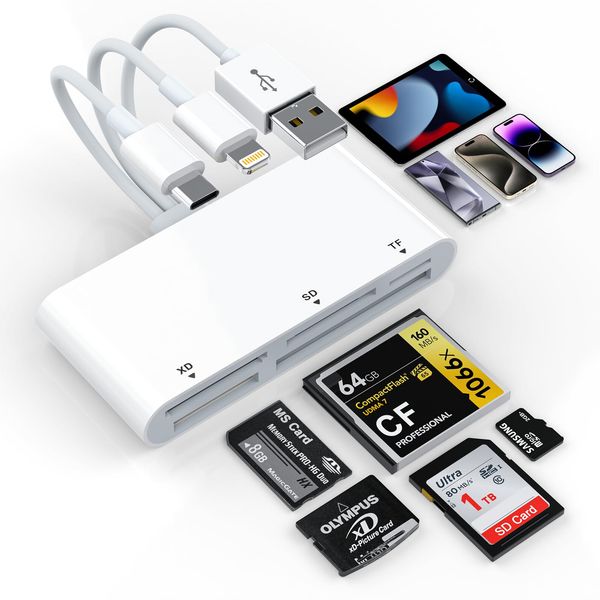 [2024 Stable High Speed Version] Multi-Card Reader, 5-in-3 Lightning, Type-C, USB - SD/TF(Micro SD)/XD/MS/CF Card Reader, Memory Card Reader, OTG Compatible, High Speed Transfer, Compatible with