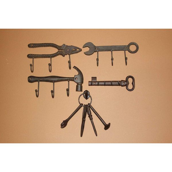 Tool Man Decorative Tools Wall Decor / Cast Iron Wall Hooks Bundle of 6