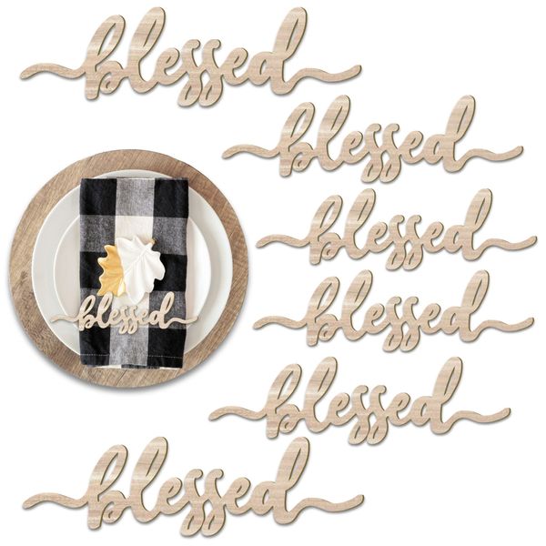 Thanksgiving Place Cards Blessed, Thankful, Grateful Wood Signs Fall Dining Table Plate Ornament Farmhouse Home Table Setting Decor 6 Pack (Blessed)