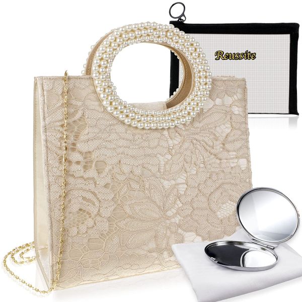 Reussite Perle bouque Women's Handbag, Large 2-Way Lace, Shoulder Bag, Wedding Bag, For Receptions, Invitations, beige