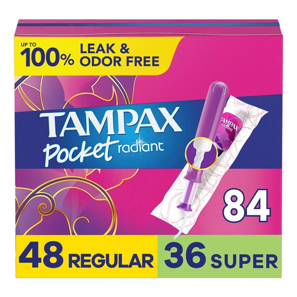 Tampax Pocket Radiant Compact Tampons Duo Pack, Regular/Super Absorbency with BPA-Free Plastic Applicator and LeakGuard Braid, Unscented, 28 Count x 3 Packs (84 Count Total)