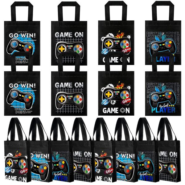 Ferraycle 24 Pack Video Game Themed Gift Bags Video Game Party Favors Non Woven Reusable Goody Treat Bags with Handles (Blue)