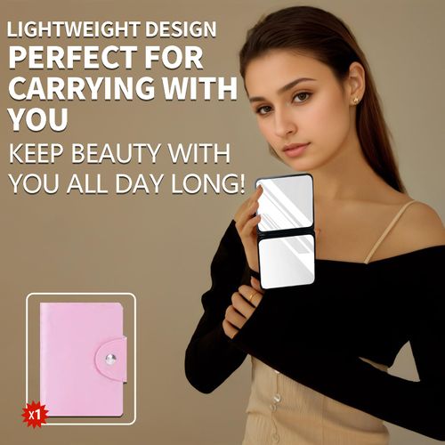FXIANGWL Small Makeup Folding Mirror Travel Portable Folding Rectangle Compact Makeup Mirror for Women Home Office Travel Double Sided Pattern Design with Pink Card Bag, Sleeping Cat