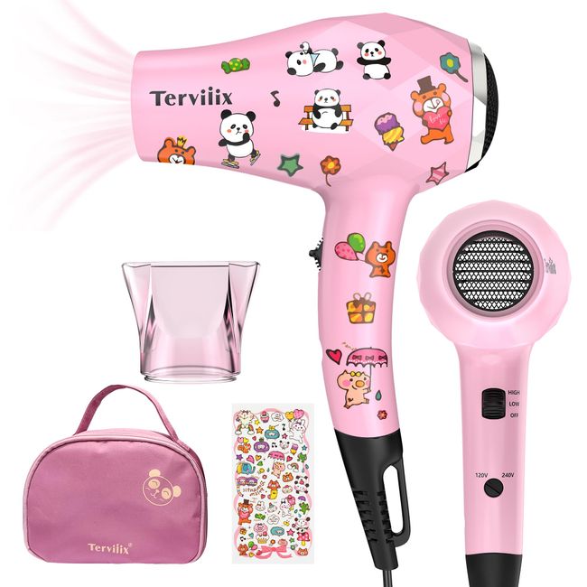 Terviiix Mini Portable Travel Hair Dryer, Small Lightweight Blow Dryer, 1000W Compact Kids Hairdryer with DIY Stickers, Travel Dryer with Concentrate Nozzle Attachment for Travel, Dual Voltage