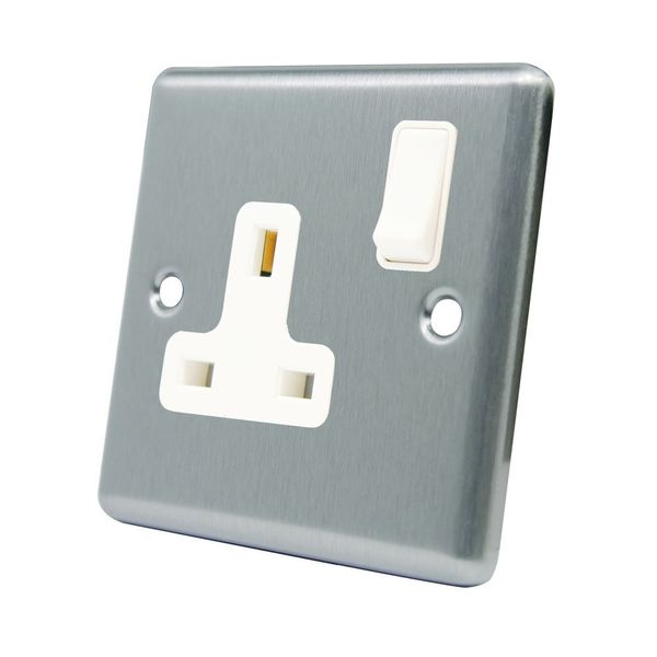 AET CSC1GSOCWH Satin Chrome Classical 1 Gang White Insert Plastic Rocker Switch-13 Amp Single Plug Socket