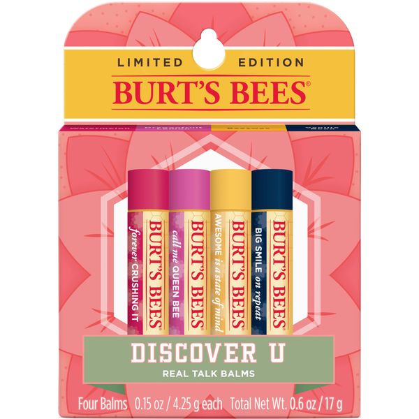 Burt's Bees Lip Balm, Moisturizing Lip Care, 100% Natural, Discover U - Original Beeswax, Watermelon, Dragonfruit Lemon & Vanilla (4 Pack)