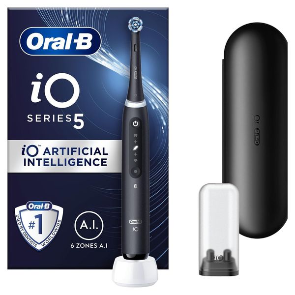 Oral-B iO5 Electric Toothbrushes For Adults, Gifts For Women / Men, 1 Toothbrush Head & Travel Case, 5 Modes With Teeth Whitening, UK 2 Pin Plug, Black