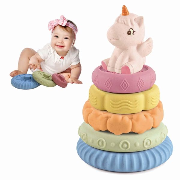 KOESMG Baby Stacking Nesting Toys, Soft Squeeze Building Circle with Pink Horse, Baby Teething Toy Sensory Early Educational Toys for Newborn Toddlers