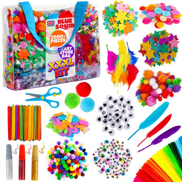 Blue Squid Craft Supplies for Kids - 2000+pcs in This XXXL Arts and Crafts Kit - This Huge Art Supply Box & Craft Set is Perfect for Young Artists of Ages 4,5,6,7,8,9,10,11,12