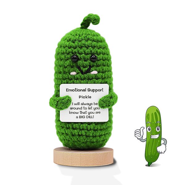 Emotional Support Pickled,Handmade Knitted Pickled Cucumber Gift with Wooden Base ,Inspirational Cute Plush Gifts for Women,Girls,Boys