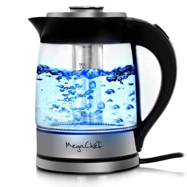 MegaChef 1.8Lt. Glass Body and Stainless Steel Electric Tea Kettle with Tea Infuser