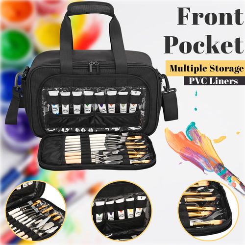 FURIMETY Acrylic Paint Organizer Bag with Shoulder Strap for up to 54 Paint Bottles (2 oz), Acrylic Painting Storage Case with Handle Strap, Aluminum Foil and PVC Liner for Easy Clean, Black