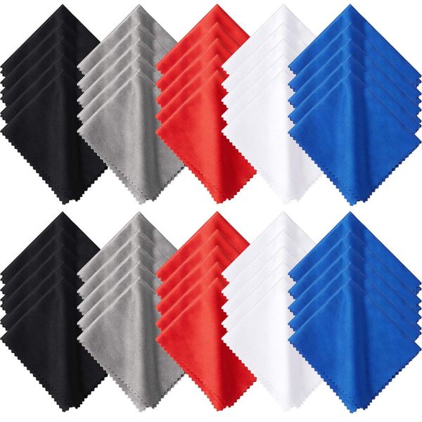 50 Pieces Microfiber Cleaning Cloths 7 x 6 Inch Screen Cleaning Cloths for Smart Phones Laptops Tablets Lens LCD Monitor TV Camera Eyeglasses Optical Cleaning Cloths (Black, White, Gray, Red, Blue)