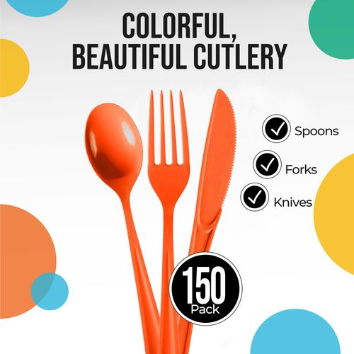 Exquisite 150 Pack Orange Plastic Utensils Heavy Duty Cutlery Set 50 Plastic Forks 50 Plastic Spoons 50 Plastic Knives Perfect Plastic Silverware Party Pack Set for all occasions