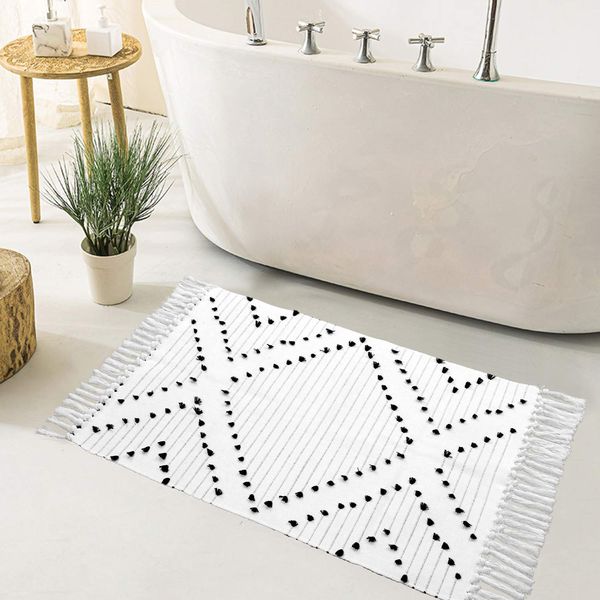 HAOCOO Boho Bathroom Rug 2'x 3' , Cotton Woven Washable Small Area Rugs with Tassels,Black and White Kitchen Rug Moroccan Tribal Throw Carpet Bath Mat Front Door for Living Room Kitchen Bedroom