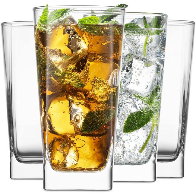 Highball Glasses 16 Oz. Set of 4 Tall Square Glass Cups - Home Essentials & Beyond Premium Quality Beverage Cooler Glassware. Uses for Bar Glasses, Water, Juice, and Cocktails.