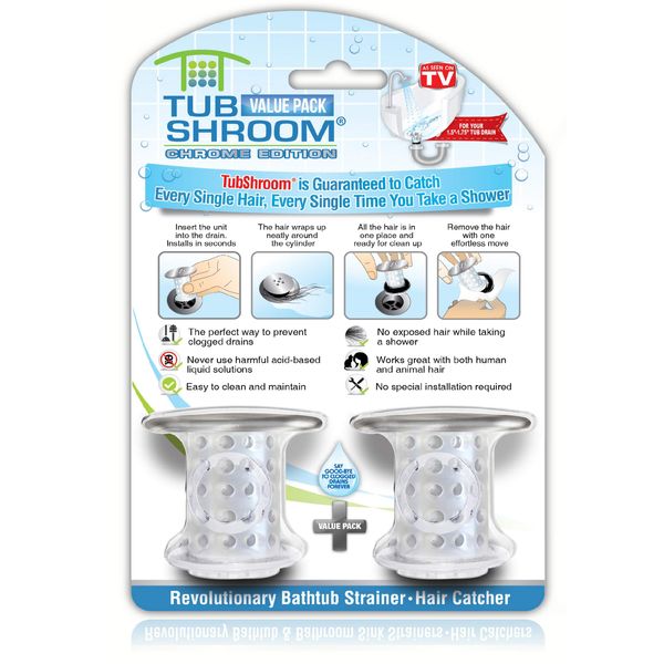 TubShroom Bathtub Drain Protector and Hair Catcher - 2 Pack, Chrome - Fits 1.5" - 1.75" Bathtub and Shower Drains