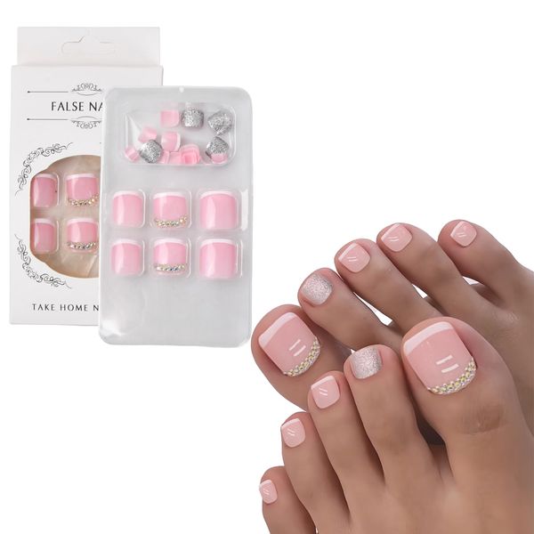 24 Pieces French False Toenails Tips, Full Cover Short Fake Toe Nails, Glossy Rhinestones Press on Toenails with Nail Glue, Nude Glitter Stick on Toenails for Women Toenail Decorations