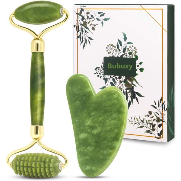 Bubuxy Jade Roller Massage Set, natürlicher Anti-Aging-Gesichtsroller bei Augenschwellungen, zur Hautstraffung, Verjüngung von Gesicht und Hals, natürlich grünes Massagegerät