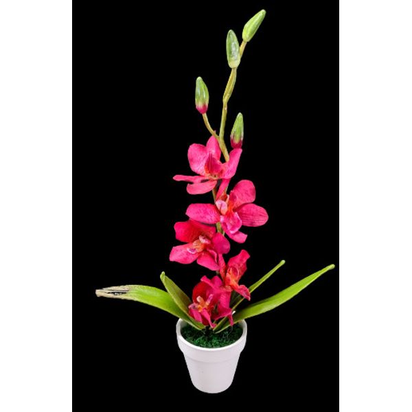 Cute little Artificial Vanda Orchid in white pot  RUBY RED