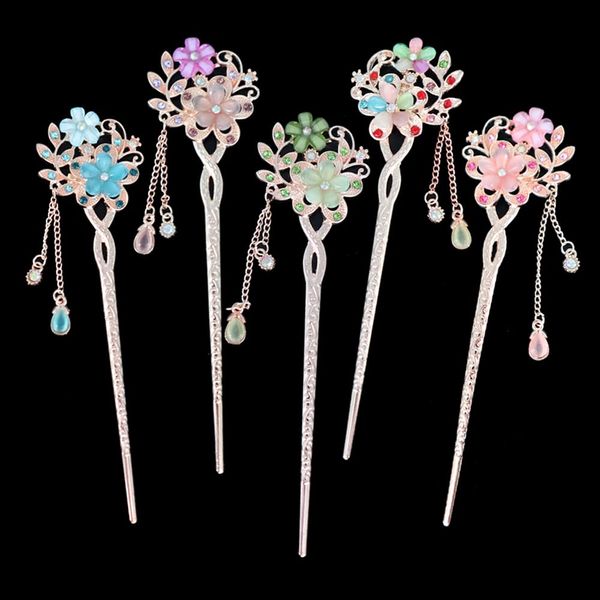 Chinesische traditionelle Blumen-Haarstäbchen, Retro-Glitzer-Strass-Haarnadel, elegante Blumen-Haar-Essstäbchen, Haarnadel, Chignon mit Quaste, 5 Farben (Stil B)