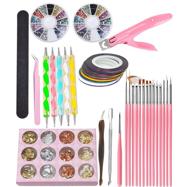 Kiara World 49pcs, Nail Pen Designer Stamp Art Tool Painting Brushes, Dotting Tool, Nail Foil, Striping Tape, Cuticle Pusher Trimmer, File, Colour Rhinestones, Tweezer, 3 Way Edge Cutter