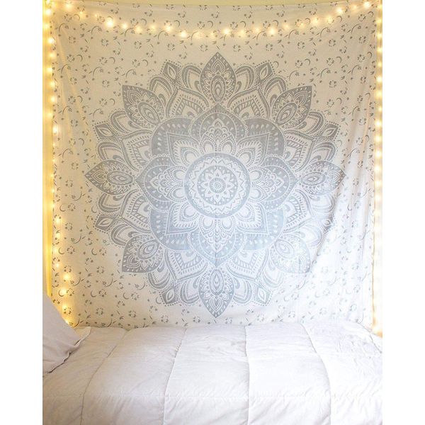 raajsee Grey Mandala Tapestry Bedroom Aesthetic - Indie Wall Tapestry Hippie Room Decor - Boho Tapestrys -Trippy Small Tapestry Wall Hanging – White Silver Wall Art 30x40 Inches