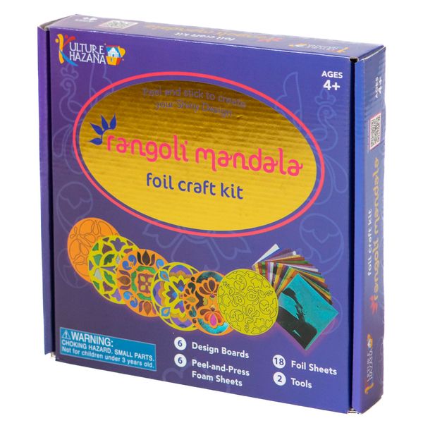 Kulture Khazana: Foil Craft Kit: Rangoli Mandala – DIY Shiny Designs, Peel-Stick, Mess-Free, Cardboard Rangoli Boards, Foam Pcs & Foil Sheets, Ages 4+