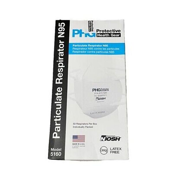 Brand New PHG Protective Health Gear N95 Mask NIOSH Box Of 50 Model 5160 USA