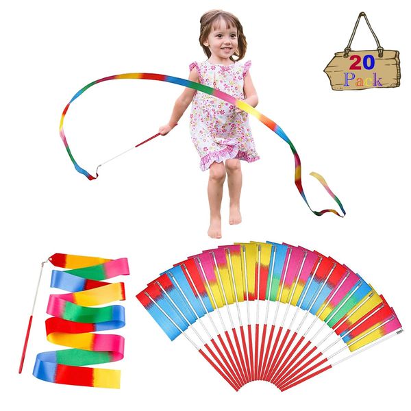 ORZIZRO 20Pack Rainbow Ribbon Streamers, Dance Ribbon Streamers Wands for Kids Party Supplies Goodie Bag Stuffers, Gymnastics Twirling Ribbon Stick Dance Streamers Party Favors for Kids Adults