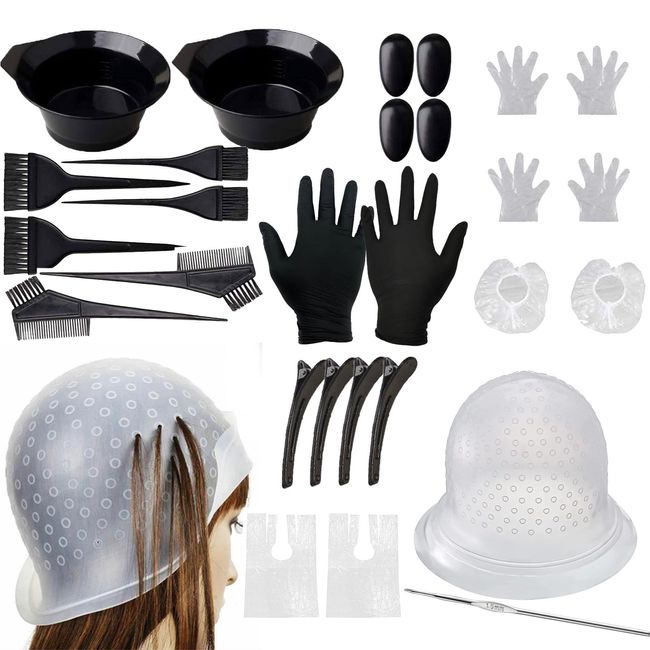 Haar Färben Set,Silikon Haarfärbe Kappen,25 Teile DIY Beauty Salon Tool Kit,Strähnchenhaube Mit Löcher,Bürstenkamm,Haartönungsschale,Färbebürste,Ohrabdeckung,Handschuhe,Haarhaken,Haarspangen,Kiuiom