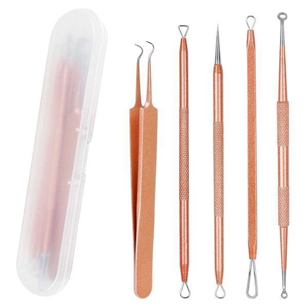 Blackhead Remover Tool 5 Pcs Blackhead Cleaner Tweezers Kit, Professional Extractor Tweezers Kit Pimple Popper for Facial Care with Case (rose gold)