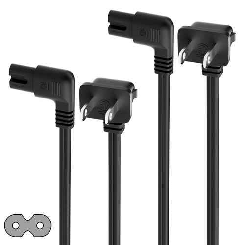 Angled 2-Slot Non-Polarized Angle Power Cord 10 FT (2-Pack), 90 Degree L-Shaped TV Power Cord, IEC320 C7 to NEMA 1-15P, 2 Prong Replacement Cable, Figure 8, Black, 2 Pack