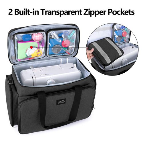 CURMIO Sewing Machine Carrying Case for Most Standard Sewing Machine, Universal Travel Tote Bag with 2 Removable Transparent Zipper Pouches for Sewing Supplies, Black (Patented Design)