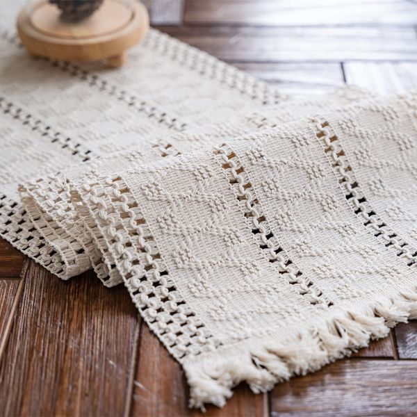 Weldomcor Macrame Table Runner Cream Beige Boho Table Runner with Tassels Hand Woven Cotton Table Runner Rustic Farmhouse Table Runner for Bohemian Kitchen Dining Table 30 x 240 cm