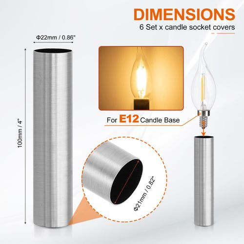 PATIKIL 4" Tall Candle Covers Sleeves, 6Pcs Metal E12 Chandelier Socket Sleeves with Insulation Heat Shrinkable Flame Retardant Tube Bulb Light Base Holder for Lamps, Chrome