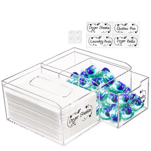 TOPZEA Dryer Sheet Holder, Clear Acrylic Laundry Sheet Container Dispenser Laundry Pods Bin with Label & Drawer, Laundry Room Organizer Storage Box for Dryer Sheet & Balls, Dishwasher Pod, Clothes Pin
