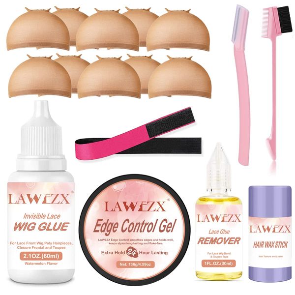 Wig Glue 2.1OZ/60ml, LAWEZX Perückenzubehör Essentials Kit mit starkem Halt Unsichtbar Perückenkleber, Wig Kleber Remover, Haarwachs Stick, Wig Cap, Wig Band, Edge Control Set für Self-use zu Hause