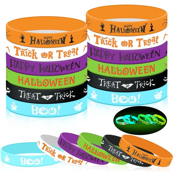 Capoda 48 Pcs Halloween Luminous Silicone Wristbands, Pumpkin Patterns Rubber Bracelets Glow in the Dark, for Kid over 6 Years Halloween Trick or Treat Party Favors Goodie Bag Stuffers Supplies