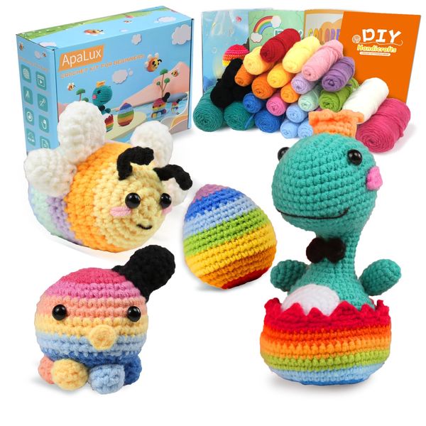 ApaLux 3 Set Crochet Kits for Beginners Adults and Kids, Beginner Crochet Knitting Starter Kit with Step-by-Step Video Tutorials Crochet Animal Kit - Dinosaur&Egg Cute Bee Colorful Octopus