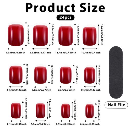 Press on Nails, 24 unghie artificiali lucide, da incollare, rosse, acriliche, finte unghie finte con retro autoadesivo, per donne e ragazze (colore bordeaux)