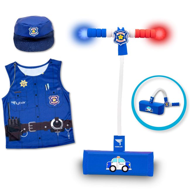 Flybar Pogo Hopper Pretenders Police Role Play Costume Set- Includes Police Cap and Vest, Police Pogo Hopper with Siren and Flashing Lights - Indoor and Outdoor Fun for Ages 3 and Up