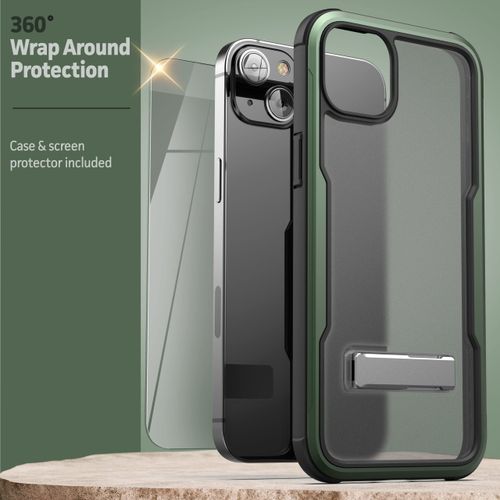 ENCASED Exos-Armor Case Designed for iPhone 14 with Screen Protector and Metal Kickstand, [MIL-Spec] Ultra Protective Aluminum Frame - Metallic Green