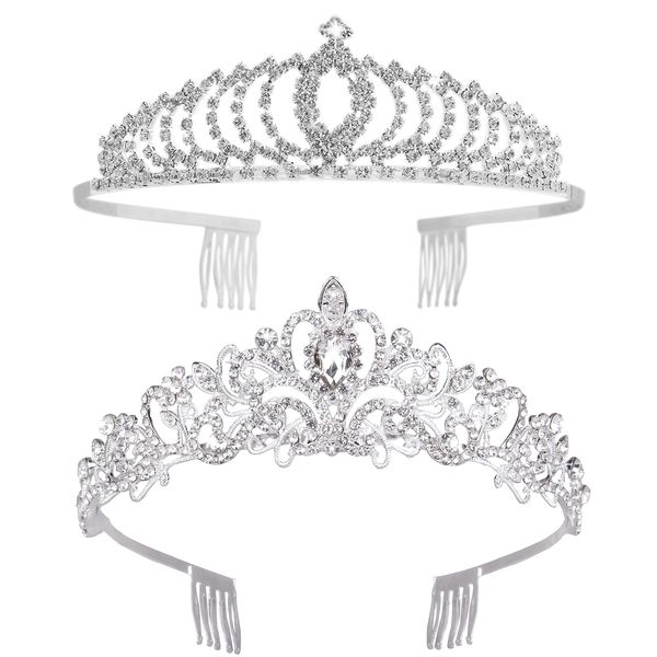 Tiaras and Crowns,Vofler 2 Pack Crystal Silver Tiara Headpiece Rhinestone Hair Jewelry for Women Ladies Little Girl Bridal Princess Queen Birthday Wedding Pageant Prom Halloween Costume Party w/ Combs