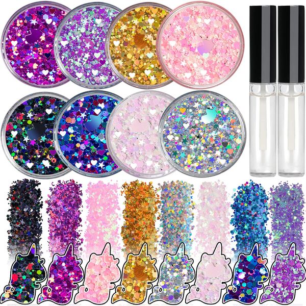 8 Jars of Cosmetic Chunky Glitter Shimmer Body Face Hair Eye Musical Festival Carnival Dance Halloween Party Beauty Makeup Temporary Tattoos Multicolored (80g/2.82oz) + Quick Dry Glitter Glue(10ml)