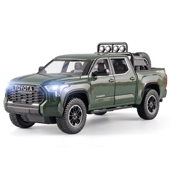 OANMYJJO Toy Trucks for Boys 1/24 Tundra Diecast Metal Model Toy Pickup Truck Pull Back Car Model with Light and Sound Toy Trucks for Boys Age 4-7(Green)