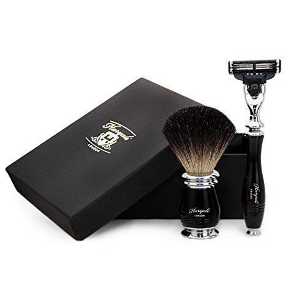 Men Pure Black Badger Hair Shaving Brush and Safety Razor in Black Handle Grooming Kit Perfect for Shaving Set for Men