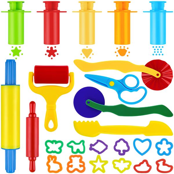 Playdough Tool Set 24PCS Playdough Tools for Kids with Playdough Cutters, Roller, Rolling Pins,Plastic Scissors,Dough Extruders